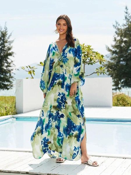 Casual Dresses Böhmisches bedrucktes Kaftan-Kleid für Damen, Übergröße, Kaftan, Loungewear, langer Badeanzug, Vertuschung, Maxi-Strandkleidung, Urlaubsoutfit Q1591