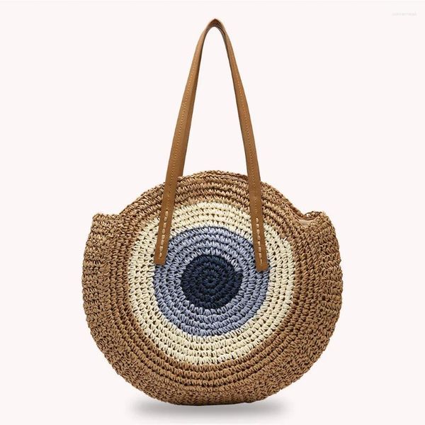 Sacos de ombro feminino verão redondo rattan tecido saco feminino palha artesanal zíper mensageiro tote praia férias bolsa