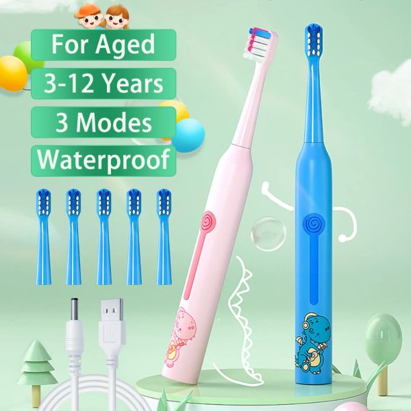 Cabeça escova de dentes de dentes de crianças elétricas dentes de dinossauros fofos 6 cabeças Sonic for Kids Smart 2min Timmer USB recarregável