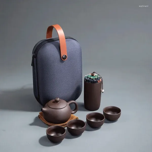 TeAware Setleri Mor Kum Çay Pot 200ml Çin Porselen 4 Bardak Seyahat Kupası El Yapımı S