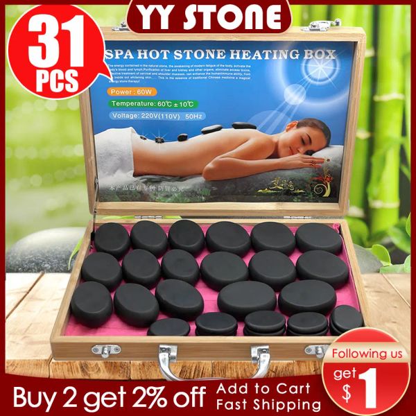 Produkte Tontin 31pcs/Set Hot Stone Massage Set Tool Basalt Massage Stones 220 V/110V Bambusheizung Box CE Rohs Round Stone Massager