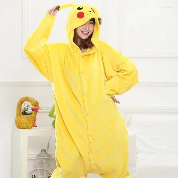 Mulheres sleepwear adultos pijamas animais conjuntos de desenhos animados cosplay zíper mulheres homens inverno unisex flanela amarelo anime pijamas