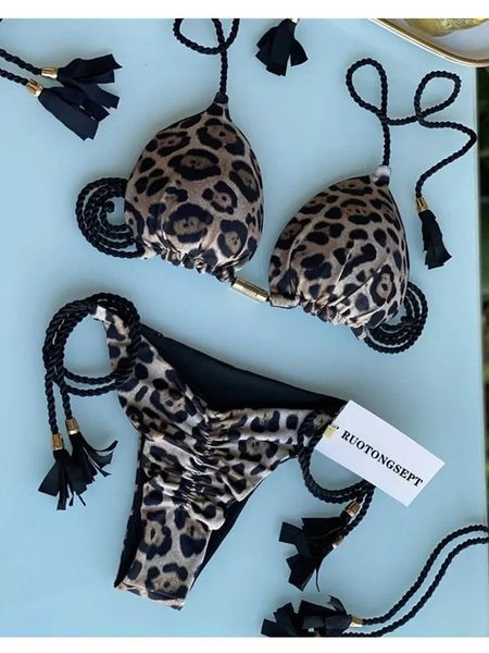 Damen-Bademode, sexy Triangel-Bikini, Push-up-Bikini, Damen-Handweberei, gerüschter, rückenfreier Strand-Tanga-Badeanzug, Femme Biquini