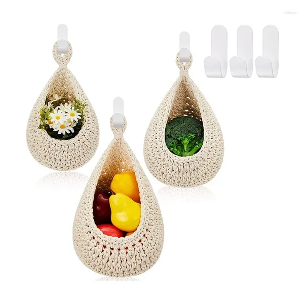 Cesta branca das placas para a cozinha 3 PCS Boho produz cestas de armazenamento com ganchos fortes