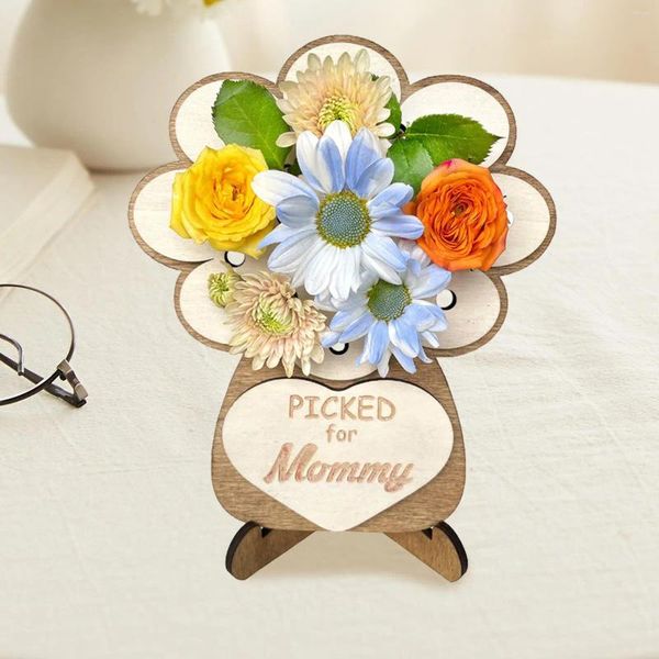 Flores decorativas escolhidas a mão, suporte de flores com suporte, enfeites florais de madeira, arranjo de buquê diy para crianças, sem presente para mulheres