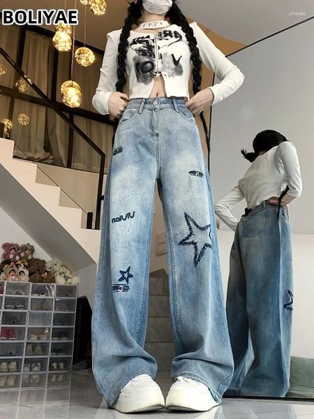 Damen Jeans Boliyae Vintage Stickerei Baggy Woman Streetwear Y2k Straight Denim Hose Korean Fashion High Waist Wide Leg Hose