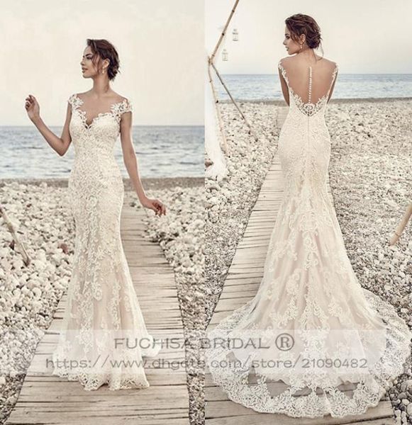 Abito da sposa in pizzo champagne con maniche ad aletta e retro trasparente, vestibilità svasata, abito da sposa sottile, realizzato su misura2395457