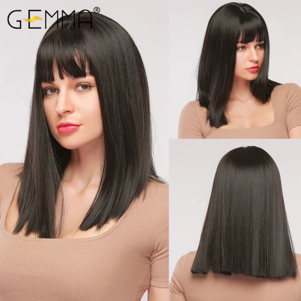 Perucas gemma natural preto médio reto bob cabelo cosplay festa lolita feminino meninas perucas sintéticas com franja fibra resistente ao calor