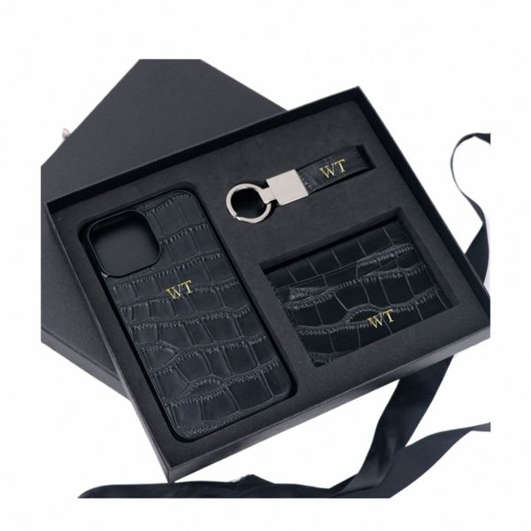 Iniciais personalizadas Gift Set Crocodile Pattern Leather Phe Case Para iPhe Keychain Card Holder Gift Box Set Busin Gift Set q8Kb #