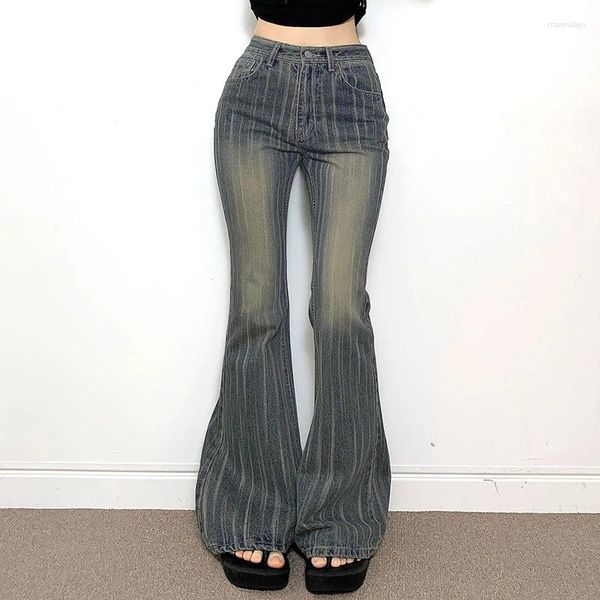 Женские джинсы в стиле ретро, уличная одежда с низкой посадкой, узкие полосатые расклешенные женские винтажные наряды, джинсовые брюки с вырезом Y2K, шикарные брюки