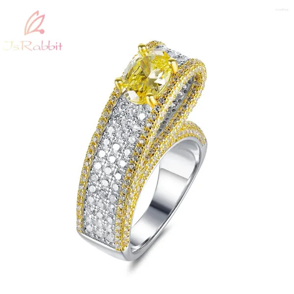 Anéis de cluster IsRabbit 18k banhado a ouro oval 6/8mm amarelo safira anel de diamante para mulheres presentes de aniversário 925 prata esterlina vintage