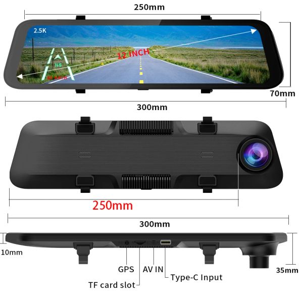 E-Ace 2,5K-Auto-Video-Rekorder 12 Zoll Rückansicht Kamera Spiegel Dashcam GPS WiFi DVR Zwei Kameras Autoüberwachung Videokamera