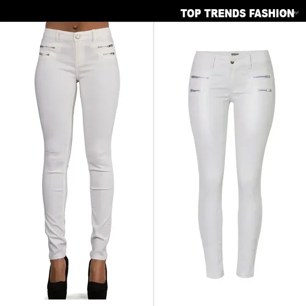 Pantaloni jeans da donna Pantaloni elasticizzati slim a vita bassa con doppia cerniera PU Pantaloni in ecopelle bianca per donna