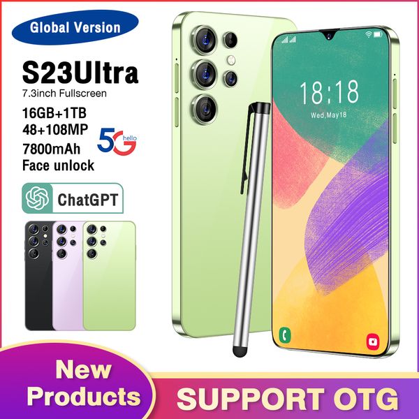 7.3 inç Tam Touch S23 Ultra 5G Cep Telefonu 1TB 4G Cep Telefonları Orijinal Yüz Kilidi Açılmış Sekiz Çekirdek Akıllı Telefon Cep Telefonları Puff 256GB 512GB