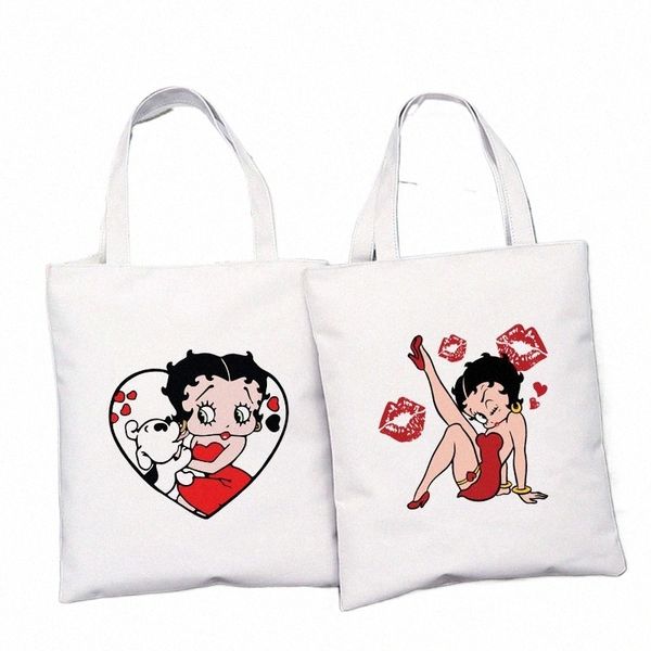 Bonito Carto Girl Betty Oop Mulher Sexy Cerejas Harajuku Tote Bag Dobrável Shop Bag Shopper Handbag I5Um #