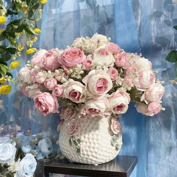 Flores decorativas 35cm buquê de flores artificiais coreano pano de seda casamento rosa noiva falsa