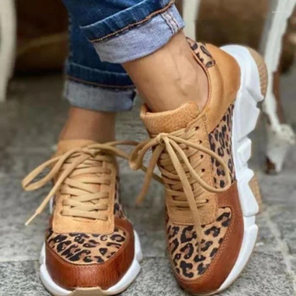 Sapatos casuais plus size 36-44 de sola grossa dedo do pé redondo baixo-top leopardo impressão singles femininos cruz-grande costura tênis de renda