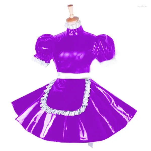 Partykleider Frauen Leder PVC Sissy Mini Prinzessin Kleid Elegante Puffärmel Gericht Prom Sexy Clubwear Maid Halloween mit Schürze