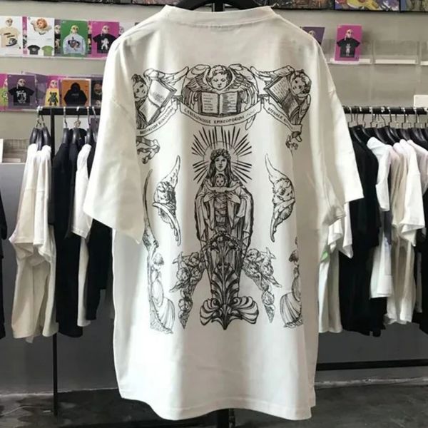 Algodão casual de manga curta camiseta masculina pintado à mão virgem maria estilo universitário pequeno anjo na moda marca solta e versátil 240321