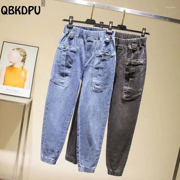 Jeans femininos streetwear bolso carga jogger tornozelo comprimento mulheres denim harem calças elásticas cintura alta casual vaqueros lavagem cowboy capris