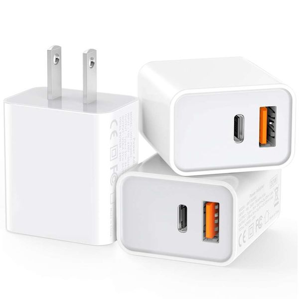 Carregador de parede USB-C de 3 peças 20W Bloco de carregamento de plugue rápido duplo para iPhone 14/13/15 Pro Max