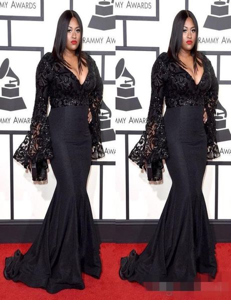 Grammy Awards Plus Size Celebridade Vestidos de Noite Mangas Compridas Jazmine Sullivan Lantejoulas Vestidos de Baile Renda Preta Sereia Vestido de Noite 7262375