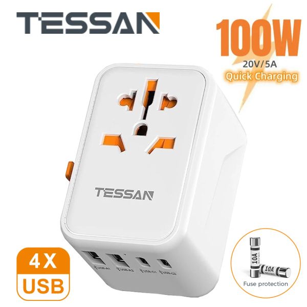 Tessan 65W/100W Universal Worldwide All in One Charger Travel Power Plug Adapter con porte di ricarica di tipo C USB per USA UK UK AU
