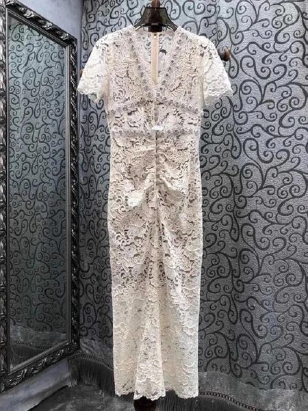 Повседневные платья Novia Party 2024 Весенне-летнее платье для особых случаев Женское платье с v-образным вырезом и декором из бисера с коротким рукавом Midi Bodycon Lace Vestidos