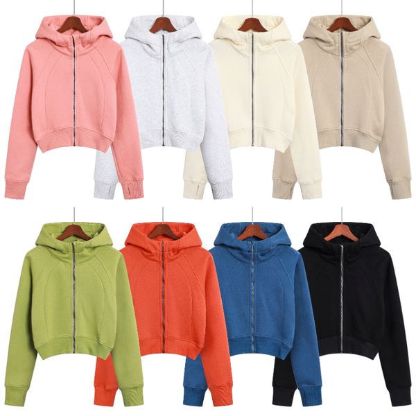 Lu Yoga Tam Zip Kırpılmış Hoodie Kısa Sweatshirtler Büyük Boy Ceketler Nefes Alabilir Sıcak Rahat Katlar İlkbahar/Sonbahar/Kış Kalın Kadın Fitness Jogger Sweattops