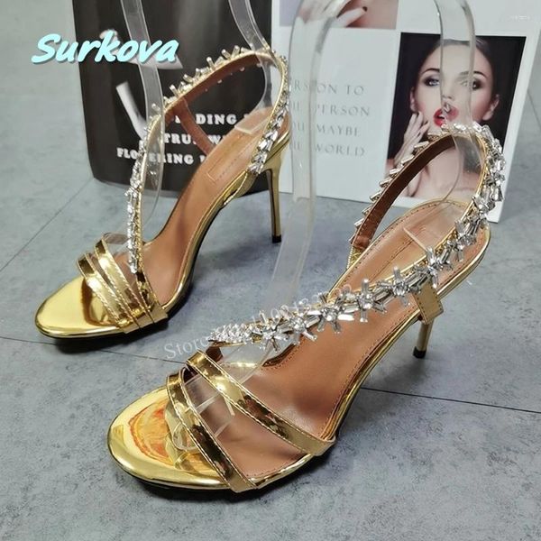 Sandali sexy strass dorati sottili tacchi alti da donna tacchi a spillo 2024 prova bellissime scarpe da diserbo per feste estive alla moda