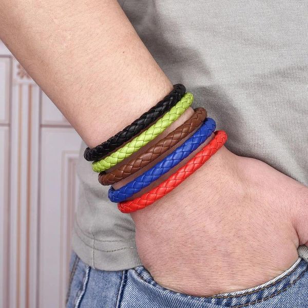 Braccialetti con ciondoli Uomo Punk Alla moda Colorato Corda di pelle intrecciata a mano Maschio Hip Hop Rame Fibbia magnetica PU Regalo di gioielli