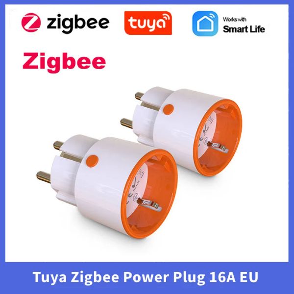 Controle tuya zigbee tomada de alimentação 16a ue casa inteligente plug app e controle voz monitoramento energia bloqueio criança cronograma temporizador tomada energia