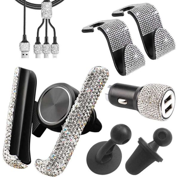 Aggiornamento 5 pezzi di accessori per auto con strass Set kit bling con doppio caricatore per auto USB 3 in 1 cavo di ricarica ganci per supporto per telefono con presa d'aria