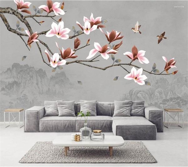 Wallpapers Wellyu personalizado papel de parede 3d chinês pintado à mão magnólia flor e pássaro tv fundo parede sala de estar