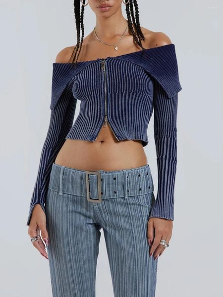 Женские футболки, женские трикотажные укороченные топы с открытыми плечами Y2k, однотонные укороченные топы с длинным рукавом и двойной молнией, облегающий джемпер, кардиган на выход, уличная одежда