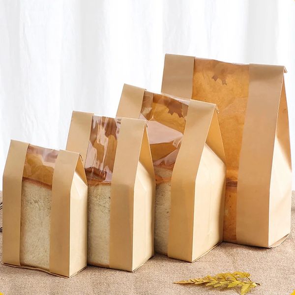 50 pçs saco de papel kraft com janela sacos de embalagem de pão artesanal torradas biscoito doces embalagem pounches suprimentos de cozimento decoração de festa 240322