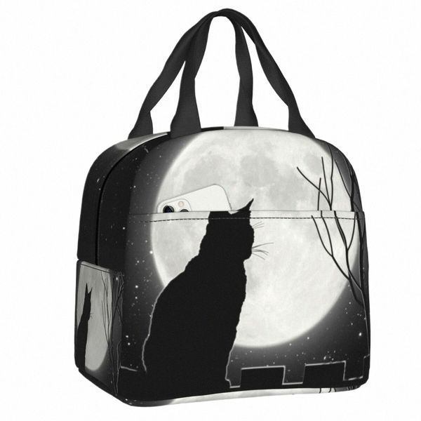 gatto nero guardando la borsa tote per il pranzo isolata Full Mo per le donne Animal Carto dispositivo di raffreddamento termico portatile Bento Box 36nu #