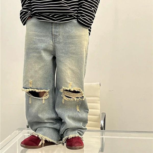 Hosen Kinder Kleidung Kinder Hübsche Denim Hosen 2024 Frühling Jeans Amerikanischen Stil Mode Ripped Raw Edge Für Jungen Und Mädchen