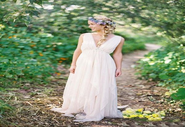 Griechische Strand-Landhochzeitskleider Sexy tiefer V-Ausschnitt Vintage Boho Brautkleider Elfenbein Chiffon A-Linie Griechische Göttin 20175113390