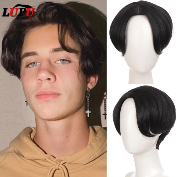 Perucas lupu perucas sintéticas preto peruca curta parte do meio lado natural falso cabelo falso para homens natal cosplay fibra de alta temperatura