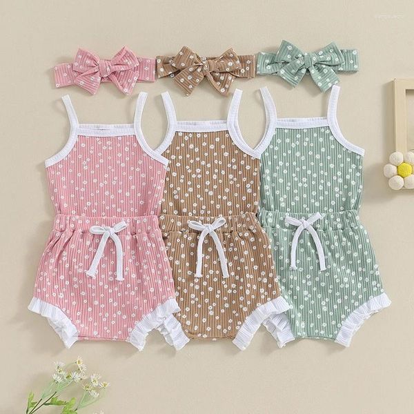 Kleidungssets 3-teiliges Set für geborene Mädchen, Sommer-Outfits, Blumendruck, Rippe, ärmellos, Strampler, Shorts, Stirnband, süße Babykleidung