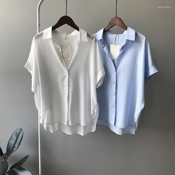 Camicette da donna Camicia di lino estiva da donna bianca blu sottile leggera ampia manica corta abbottonata con colletto per ragazze moda streetwear abbigliamento da ufficio