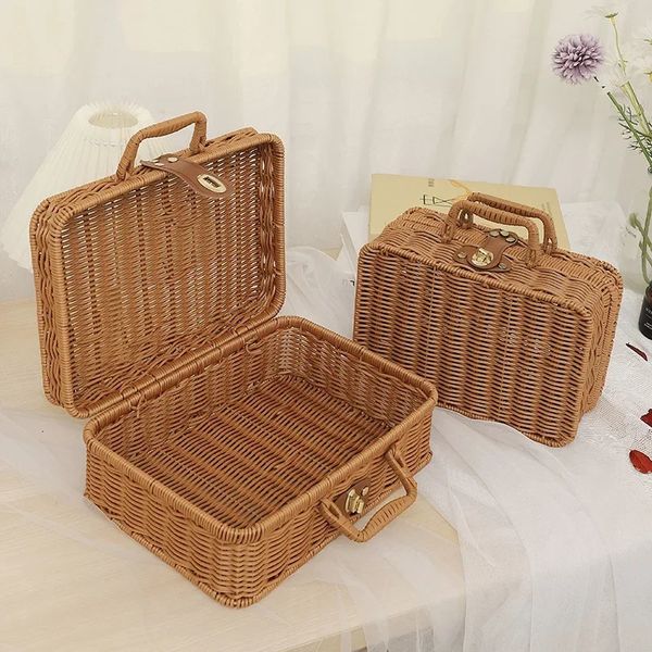 Geflochtener Rattan-Koffer mit Geschenkbox, Kosmetikaufbewahrung, Korbgeflecht, Picknick-Wäschekörbe, Zuhause 240327