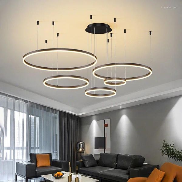 Lampadari Cerchio di lusso postmoderno per camera da letto Soggiorno Ristorante Illuminazione Luci a sospensione ad anello bianco nero dorato