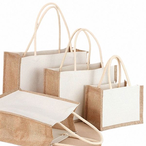 reutilizável Eco-Friendly Burlap Jute Tote Shop Bag Bolsa de mão de grande capacidade Bolsa de costura para mulheres ao ar livre C6Lc #