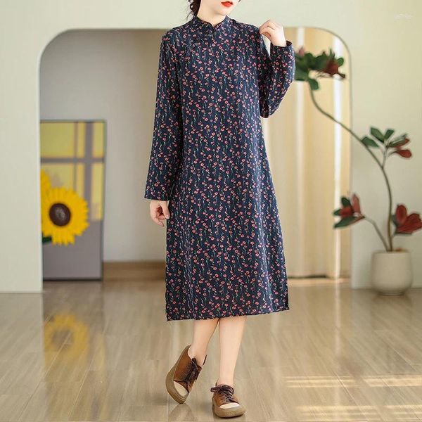 Abiti casual 2024 arrivo colletto alla coreana stampa floreale vintage stile cinese abito autunnale abiti moda donna primavera Midi