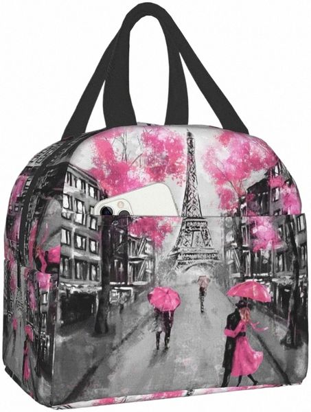 Paris Street Eiffelturm Rosa Blumen-Lunch-Taschen für Frauen, Jungen, Mädchen, wiederverwendbar, isolierte Lunchbox, geeignet für Reisen, Arbeit, Strand m9l7 #