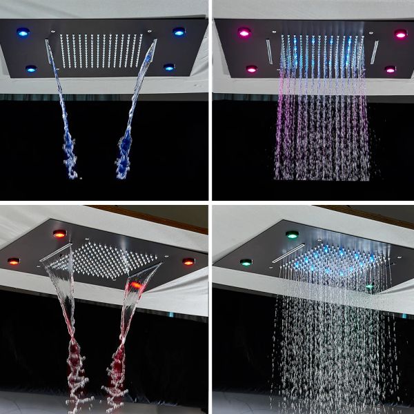 Schwarz LED Thermostatische Badezimmer Dusche Wasserhahn Set Regen Wasserfall Badewanne Duschsystem Fernbedienungsfarben Decken montiert