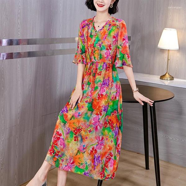 Vestidos casuais verão impressão seda manga curta v-pescoço midi vestido mulheres coreano adequado a pedido 2024 chique luxo elegante festa