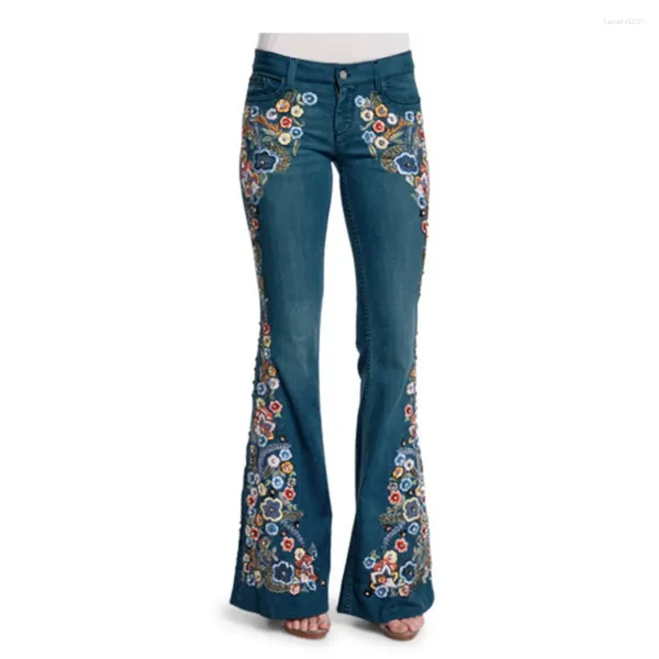Jeans da donna Pantaloni svasati lavati aderenti alla moda ricamati alla moda da donna Denim casual a vita media